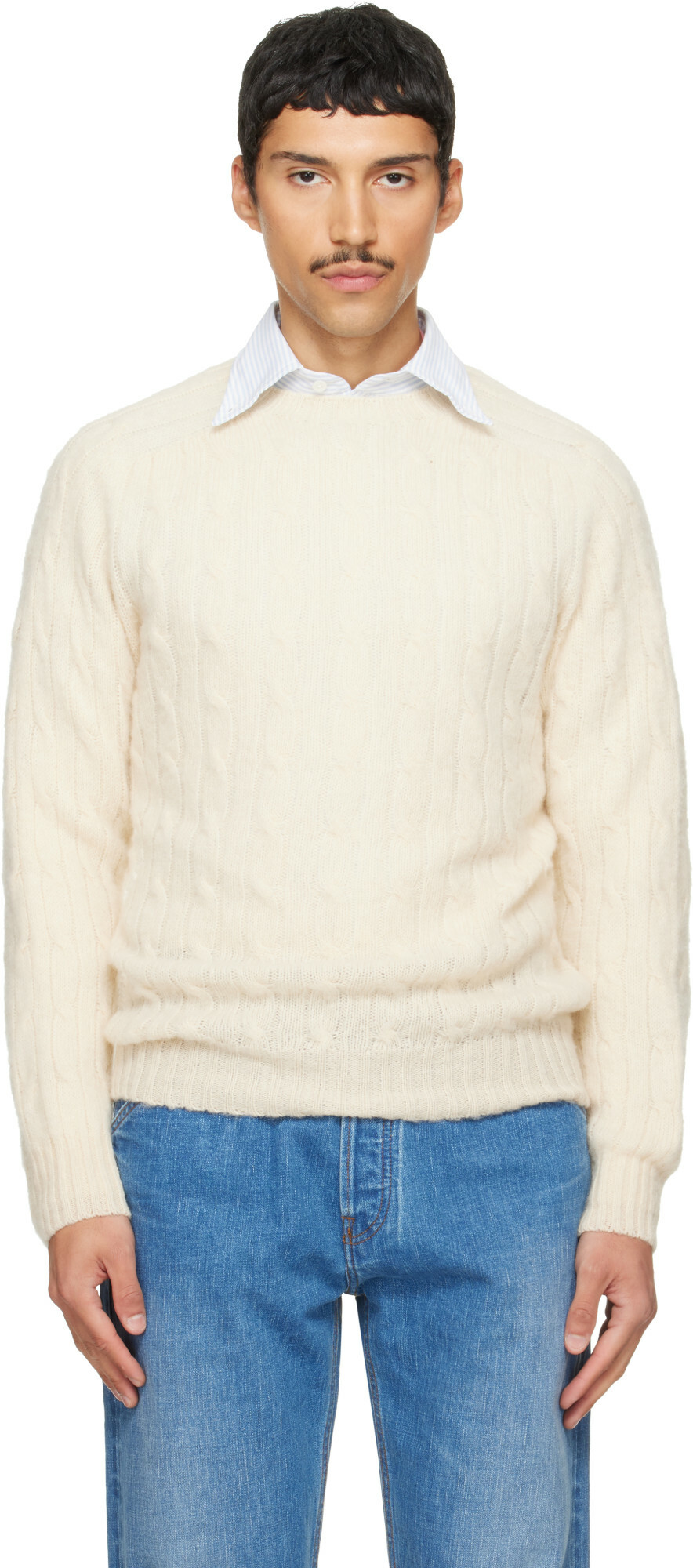 Drake's Off-White Brushed Shetland Cable Knit Sweater
