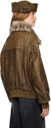 VAQUERA Brown Faded Leather Bomber Jacket