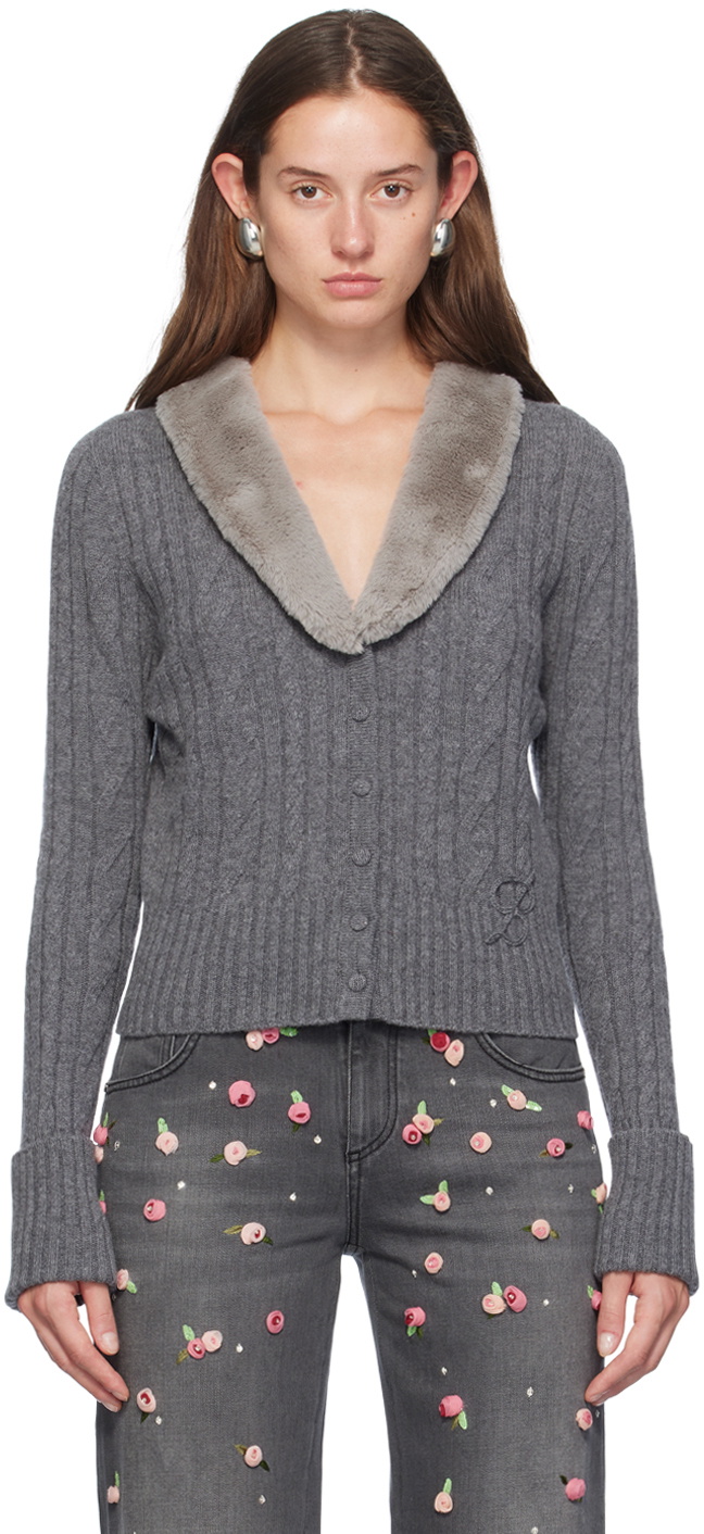 Gray Faux-Fur Collar Cardigan by Blumarine on Sale