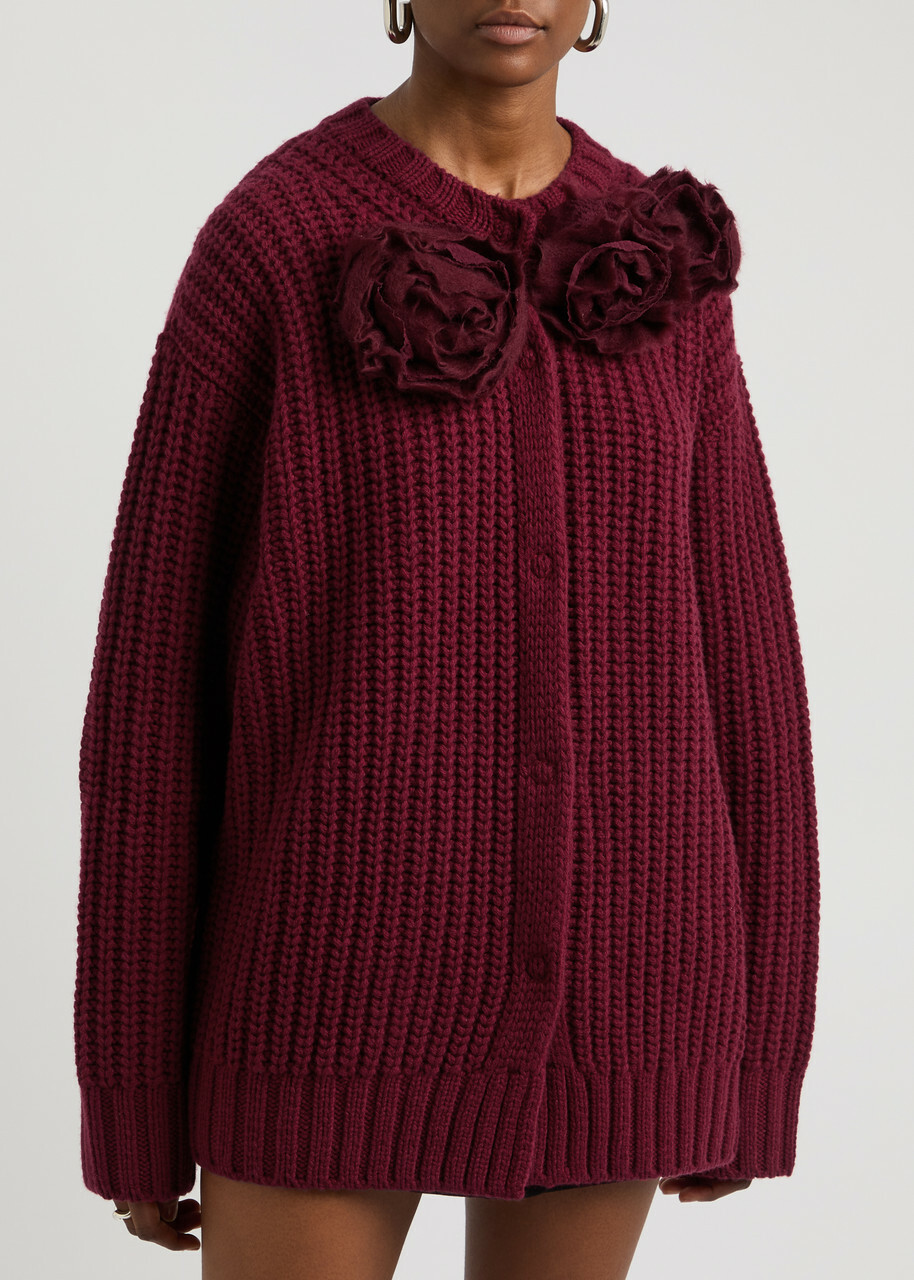 Blumarine Floral-appliquéd Wool-blend Jacket Burgundy Blumarine