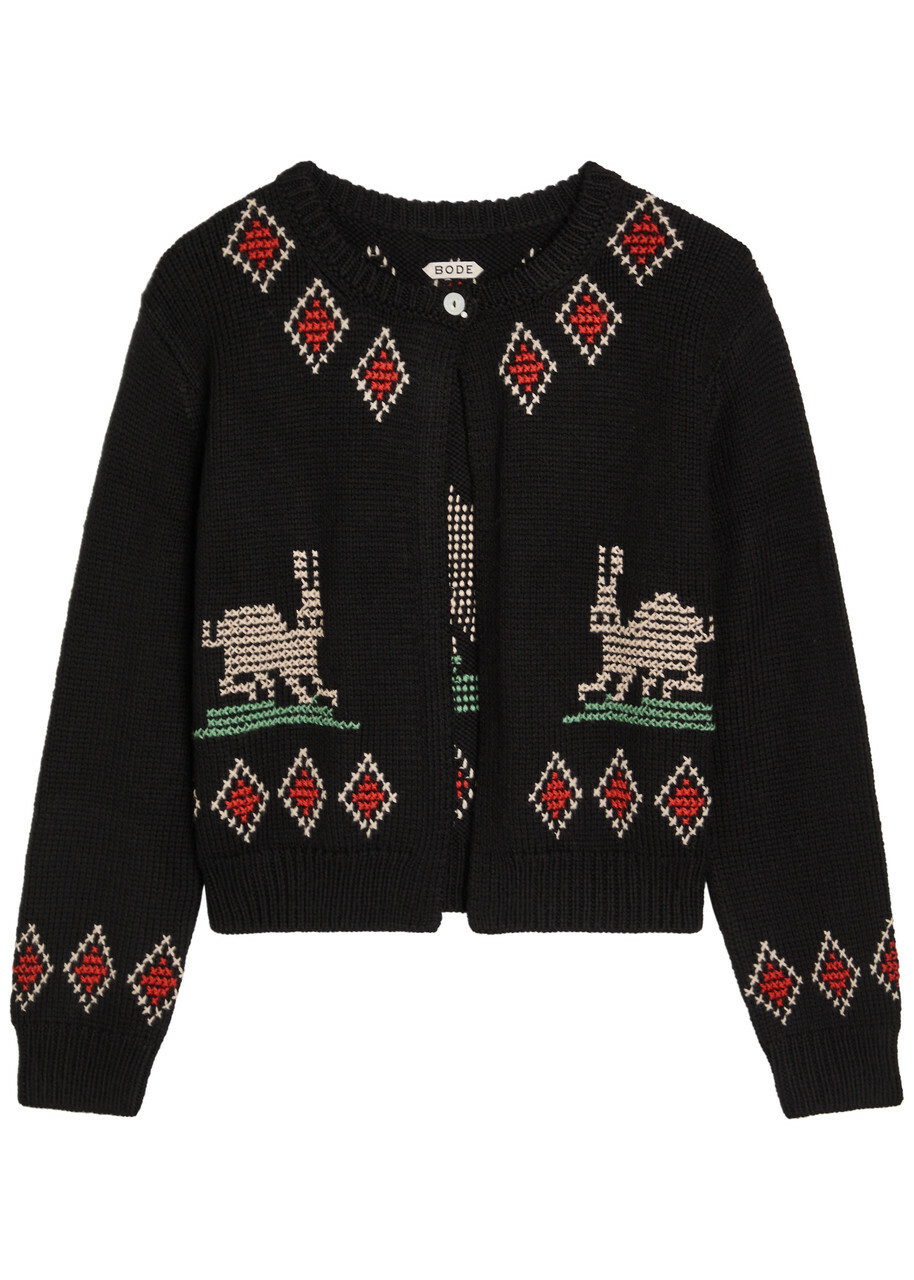 Bode Bunny Embroidered Wool Cardigan Black