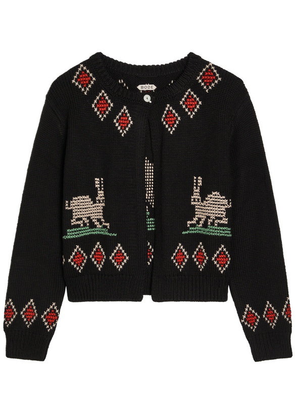 Photo: Bode Bunny Embroidered Wool Cardigan Black