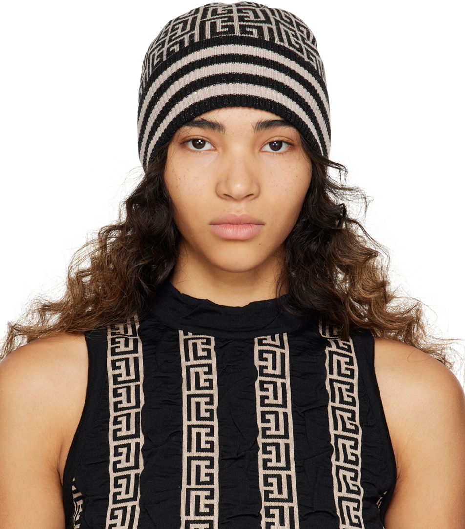 Balmain Black & Taupe Monogram Beanie Balmain display picture 2