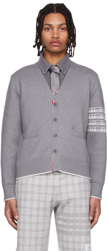 Photo: Thom Browne Grey Cotton 4-Bar Cardigan