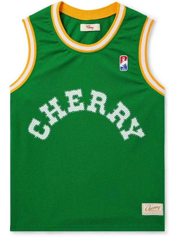 Photo: Cherry Los Angeles - Logo-Print Appliquéd Webbing-Trimmed Mesh Tank Top - Green