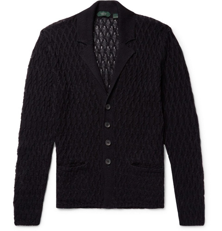 Photo: Incotex - Cable-Knit Linen and Cotton-Blend Cardigan - Midnight blue