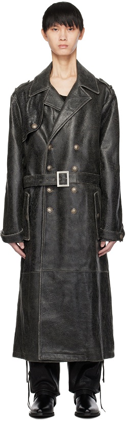 Photo: GUESS USA Black Crackle Leather Trench Coat