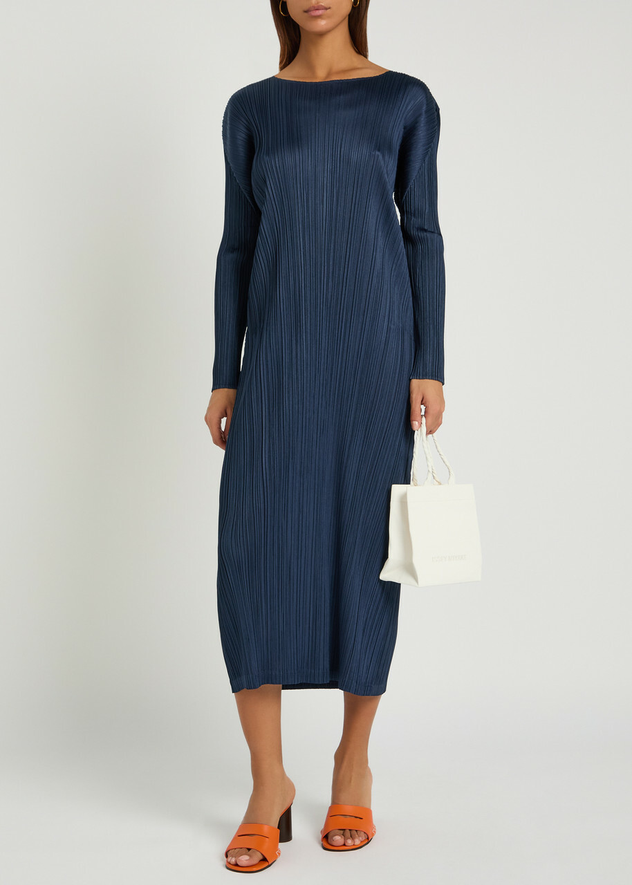 Pleats Please Issey Miyake Pleated Woven Midi Dress Navy