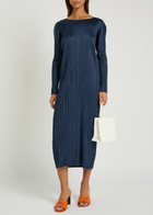 Pleats Please Issey Miyake Pleated Woven Midi Dress Navy