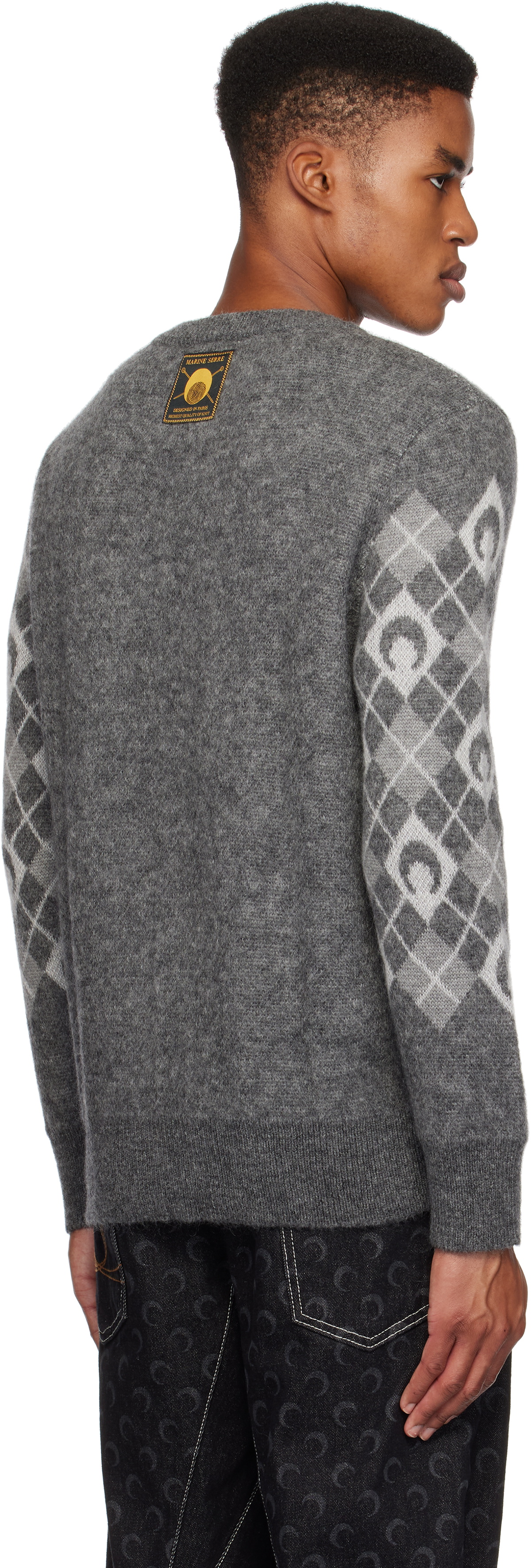 Marine Serre Gray Moon Argyle Knit Crewneck Sweater