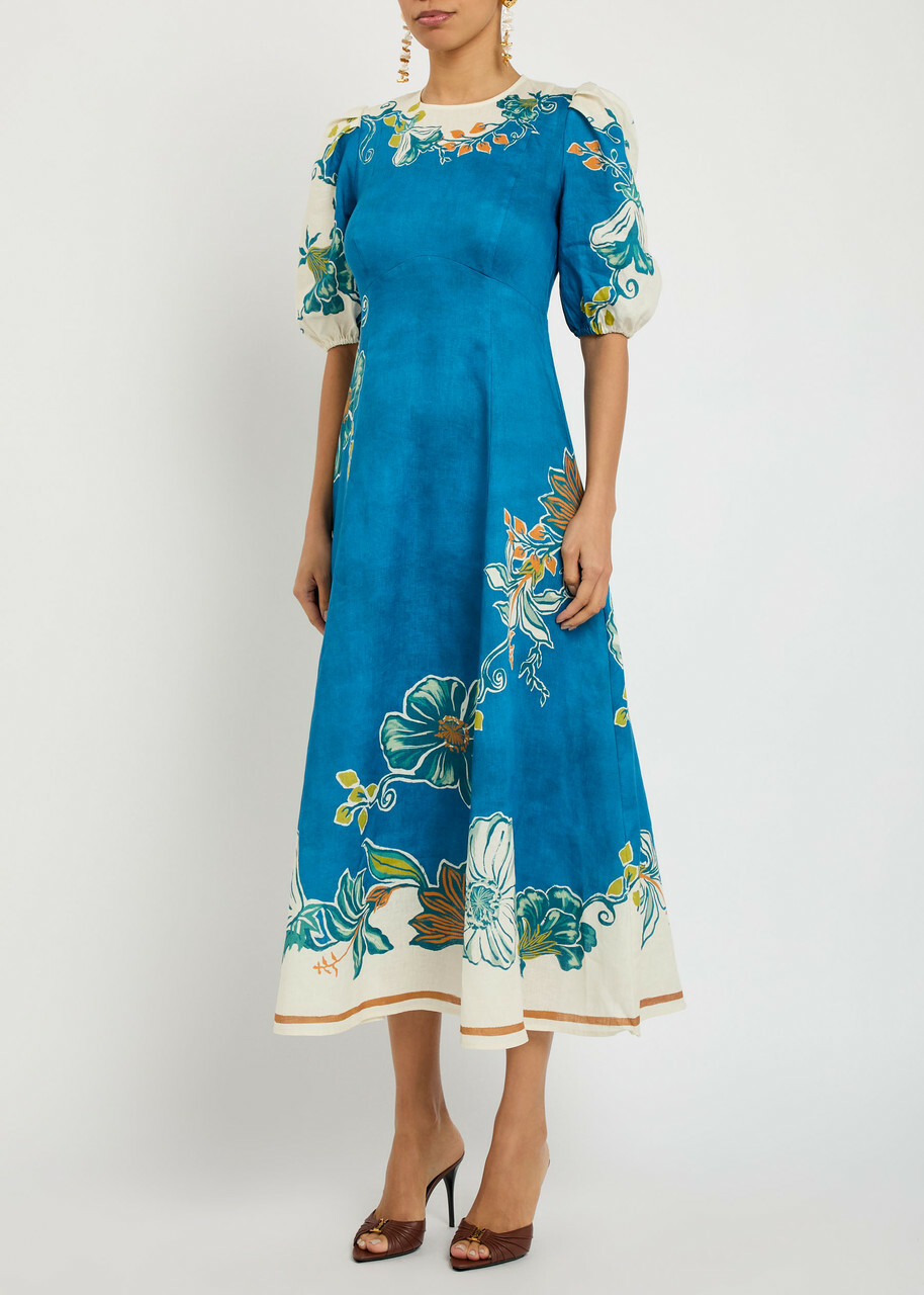 Alemais Luda Printed Linen Midi Dress Blue