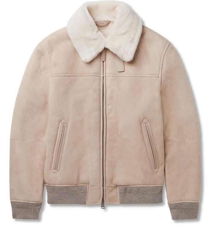Photo: BRIONI - Slim-Fit Shearling-Trimmed Suede Bomber Jacket - Neutrals