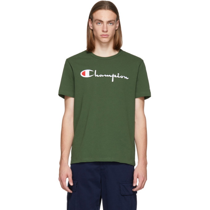 Photo: Champion Reverse Weave Green Script Logo T-Shirt