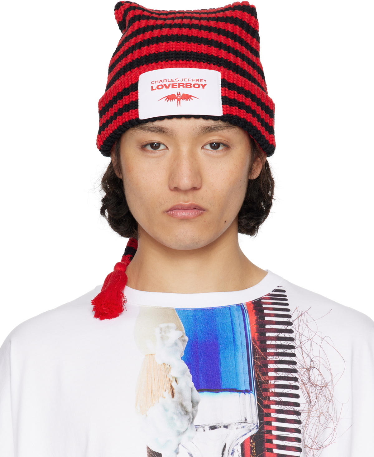 Charles Jeffrey Loverboy Red and Black Knit Hat Unisex Charles Jeffrey: Men main image 4