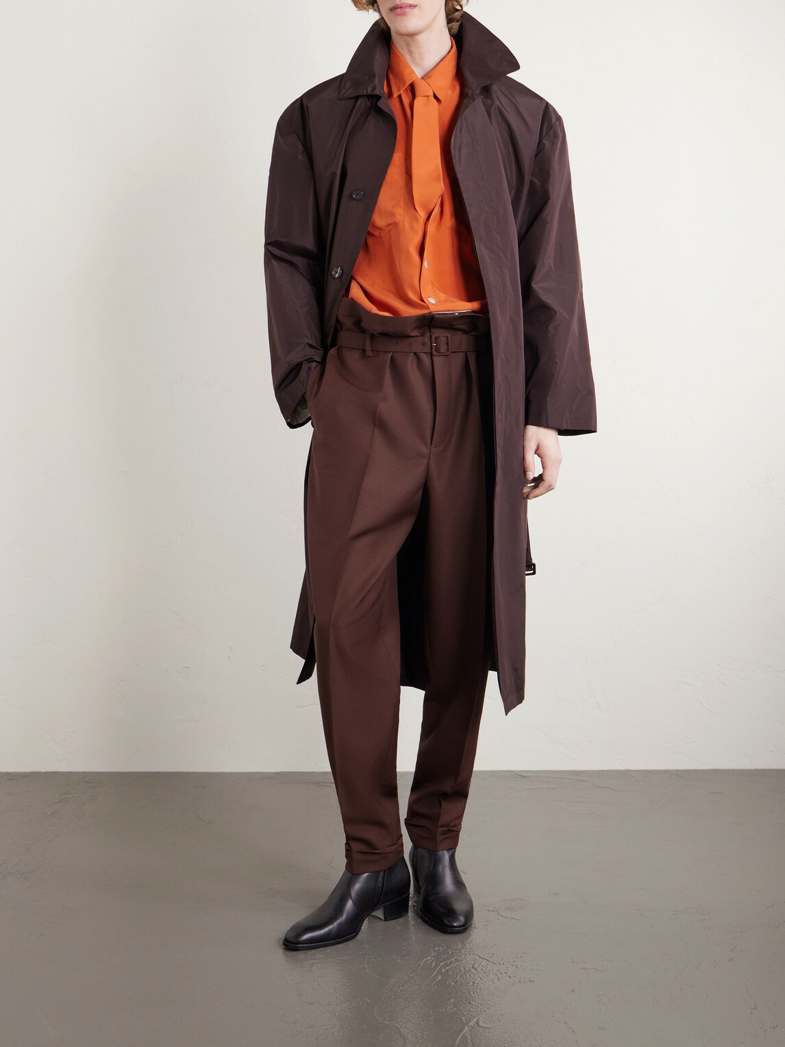 SAINT LAURENT - Tapered Belted Pleated Wool and Mohair-Blend Trousers - Brown