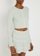 Loveshackfancy Media Striped Stretch-knit Cropped Cardigan White And Blue