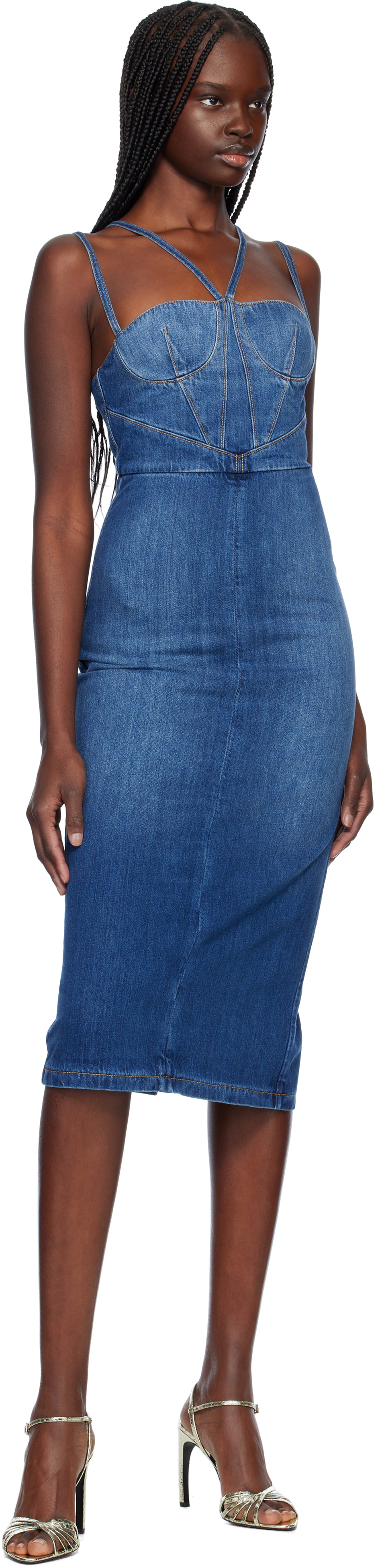 Nensi Dojaka Blue Gaelle Corset Denim Midi Dress