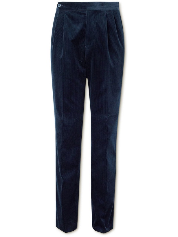 Photo: Brunello Cucinelli - Straight-Leg Satin-Trimmed Cotton-Corduroy Tuxedo Trousers - Blue