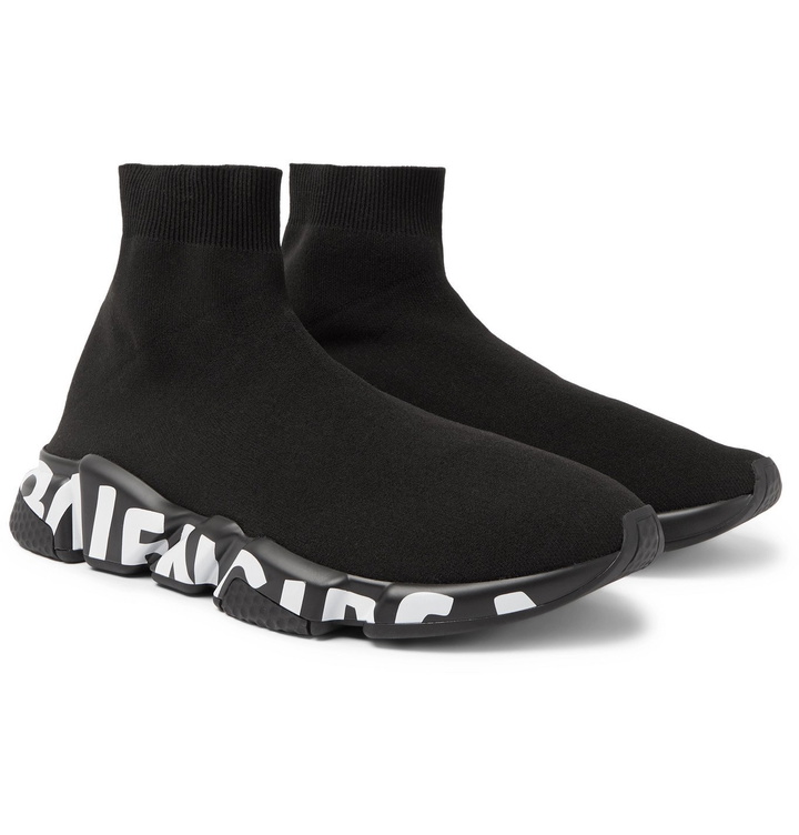 Photo: Balenciaga - Speed Sock Logo-Print Stretch-Knit Slip-On Sneakers - Black