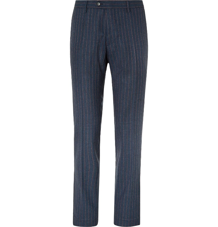 Photo: Etro - Striped Wool, Cashmere, Silk and Cotton-Blend Suit Trousers - Blue