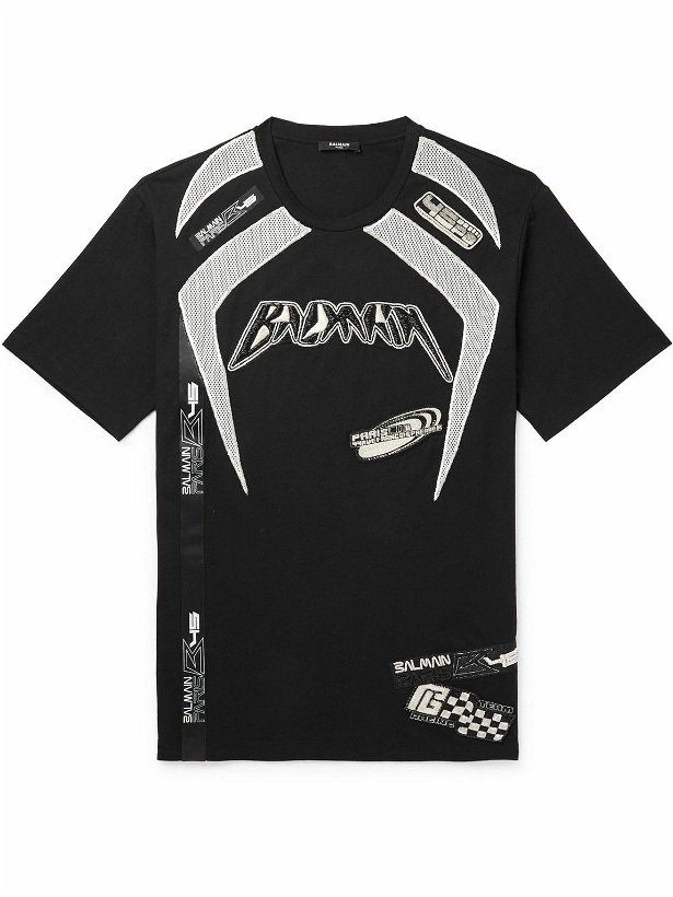 Photo: Balmain - Logo-Embroidered Mesh-Trimmed Cotton-Jersey T-Shirt - Black