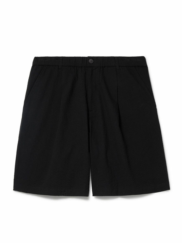 Photo: Folk - Wide-Leg Pleated Cotton-Seersucker Shorts - Black