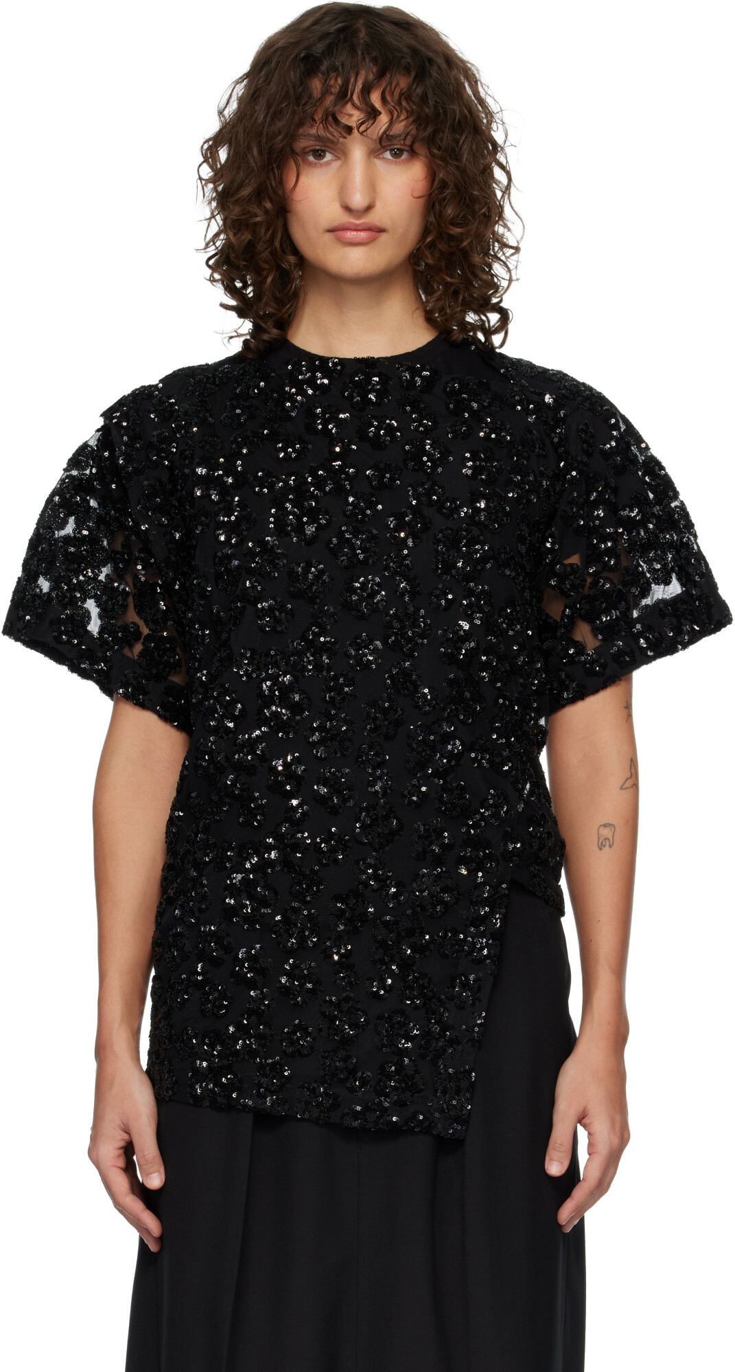 Junya Watanabe Black Floral Sequins Pointed T-Shirt