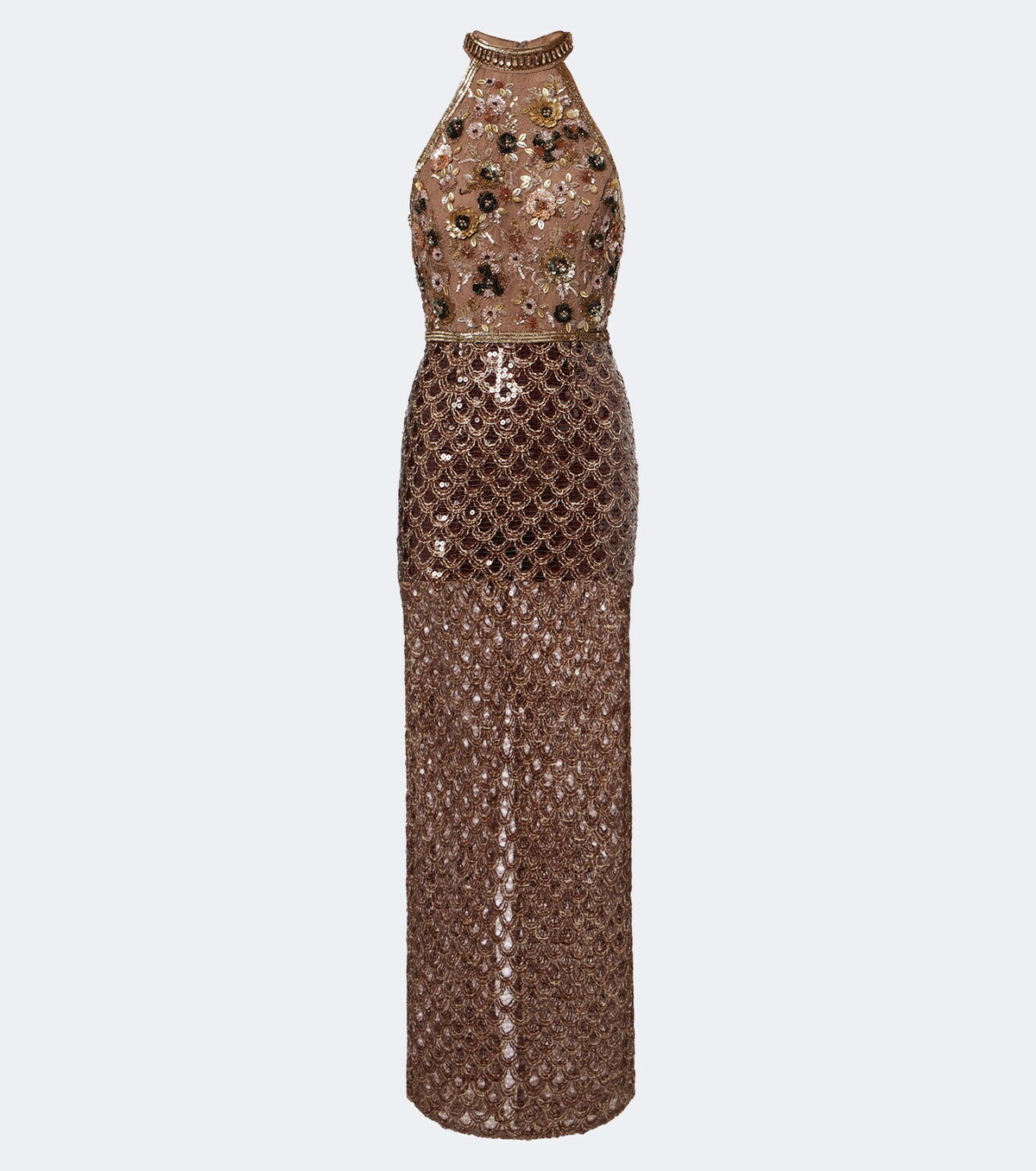 Là Fuori Scales of Gold embellished halterneck gown