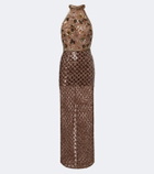Là Fuori Scales of Gold embellished halterneck gown