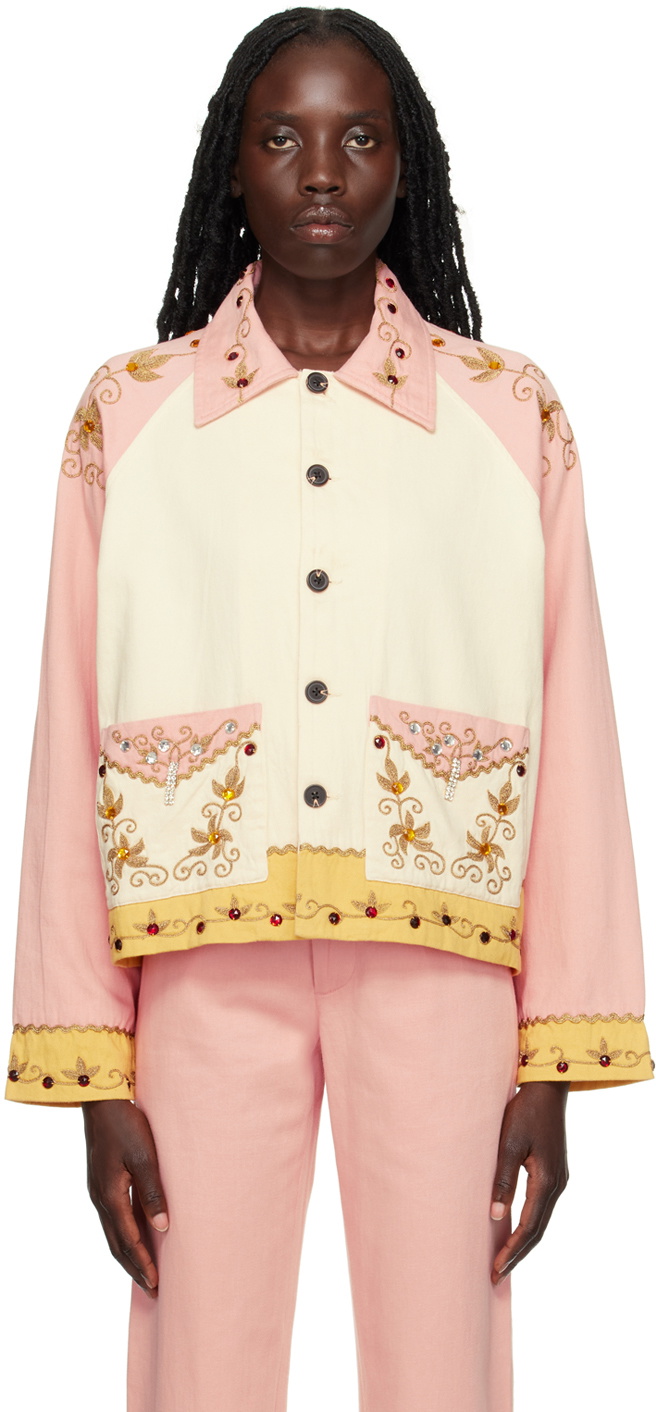 Bode Pink & Off-White Jeweled Ivy Jacket Bode
