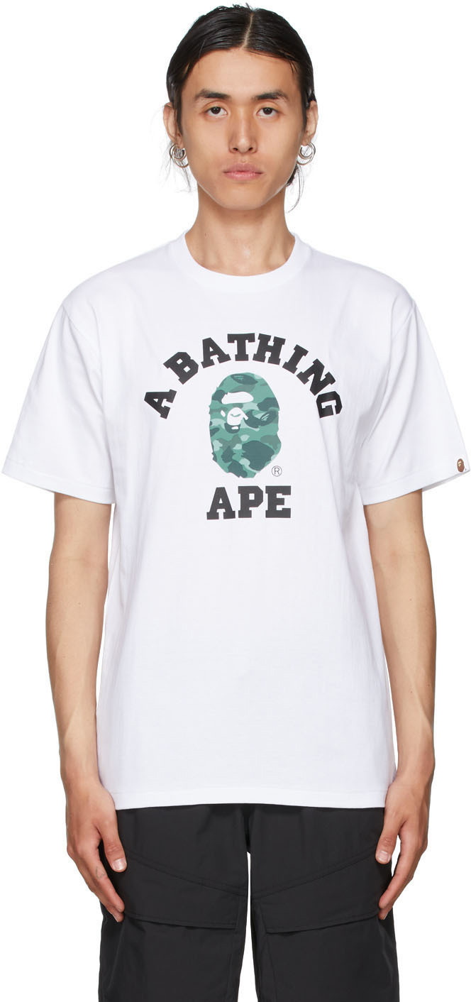 BAPE White & Green Color Camo College T-Shirt A Bathing Ape