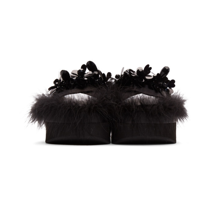 Simone Rocha Black Satin Feather Slides Simone Rocha