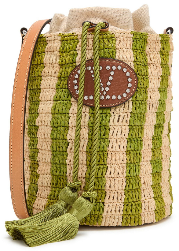 Photo: Valentino Garavani Small Striped Leather and Raffia Bucket bag - Green - One Size