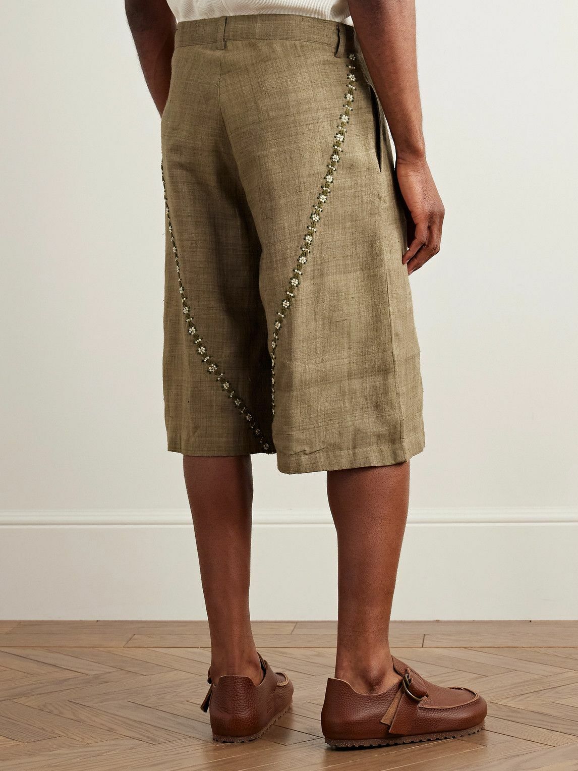 Kartik Research - Straight-Leg Embellished Slub Silk-Voile Shorts - Green