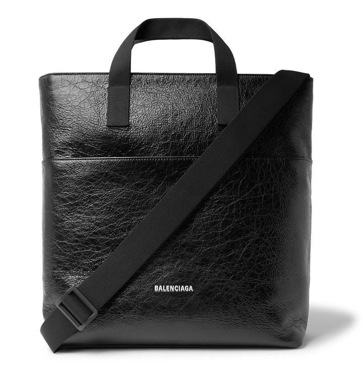 Photo: BALENCIAGA - Logo-Print Textured-Leather Tote Bag - Black