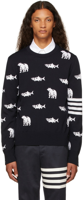 Photo: Thom Browne Navy Merino Bear & Salmon Sweater