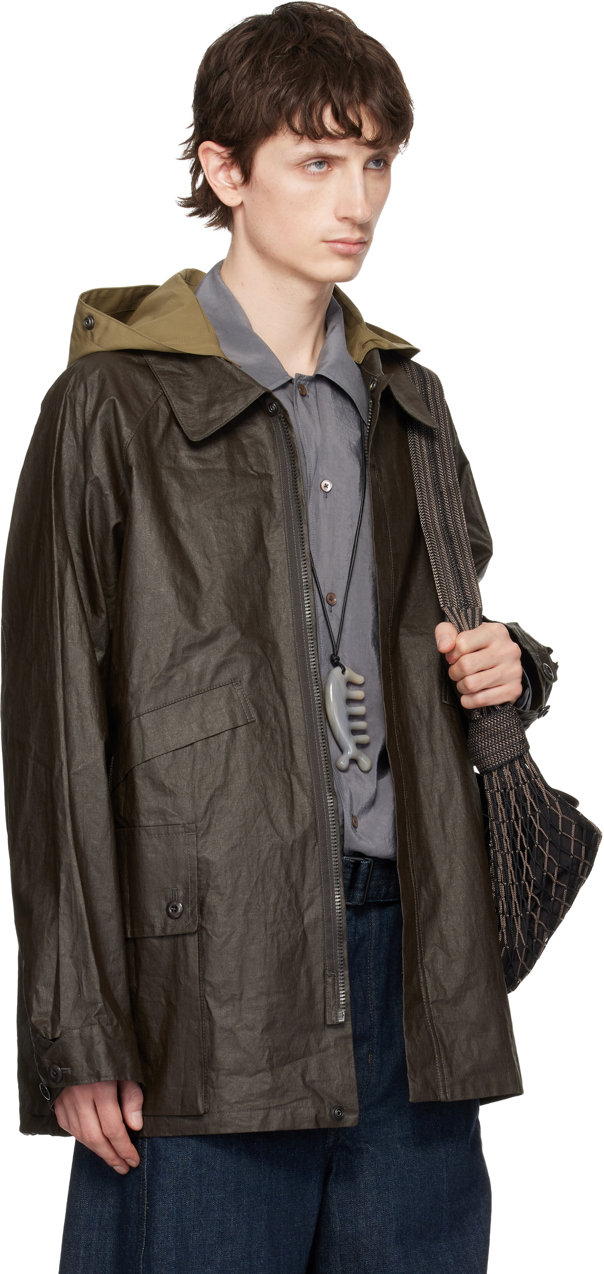 LEMAIRE Brown Detachable Hood Coated Technical Linen Rain Jacket