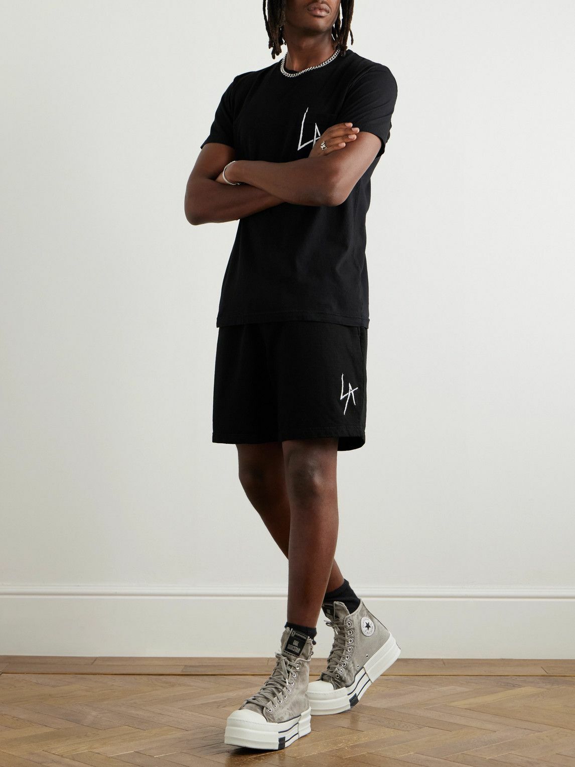 Local Authority LA - LA Slash Straight-Leg Logo-Embroidered Cotton-Jersey Shorts - Black