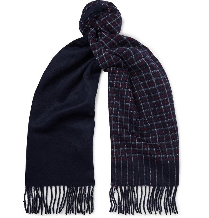Photo: J.Crew - Fringed Checked Cashmere Scarf - Navy