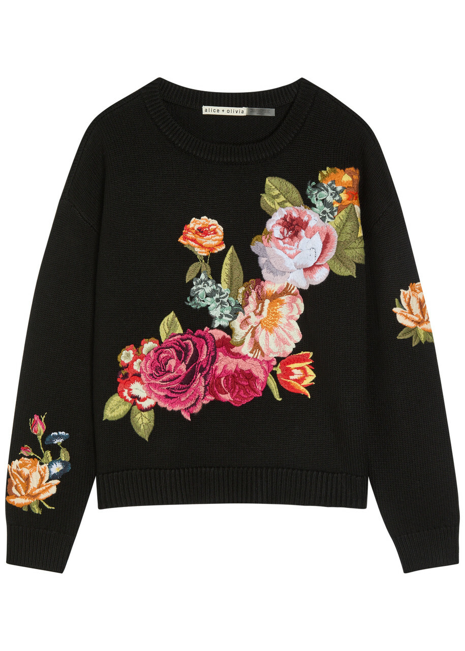 Alice + Olivia Belva Floral-jacquard Stretch-wool Jumper Black