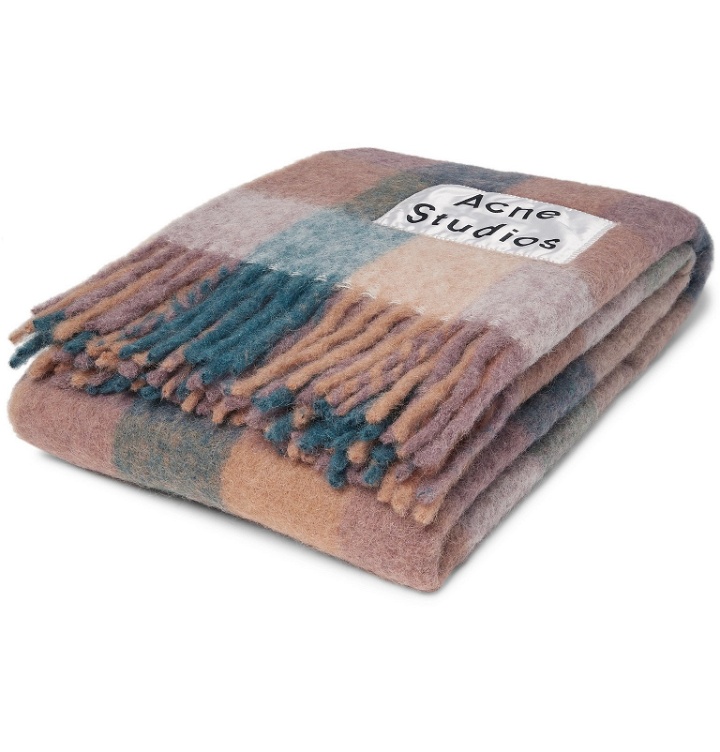 Photo: Acne Studios - Vally Fringed Logo-Appliquéd Checked Knitted Blanket - Multi