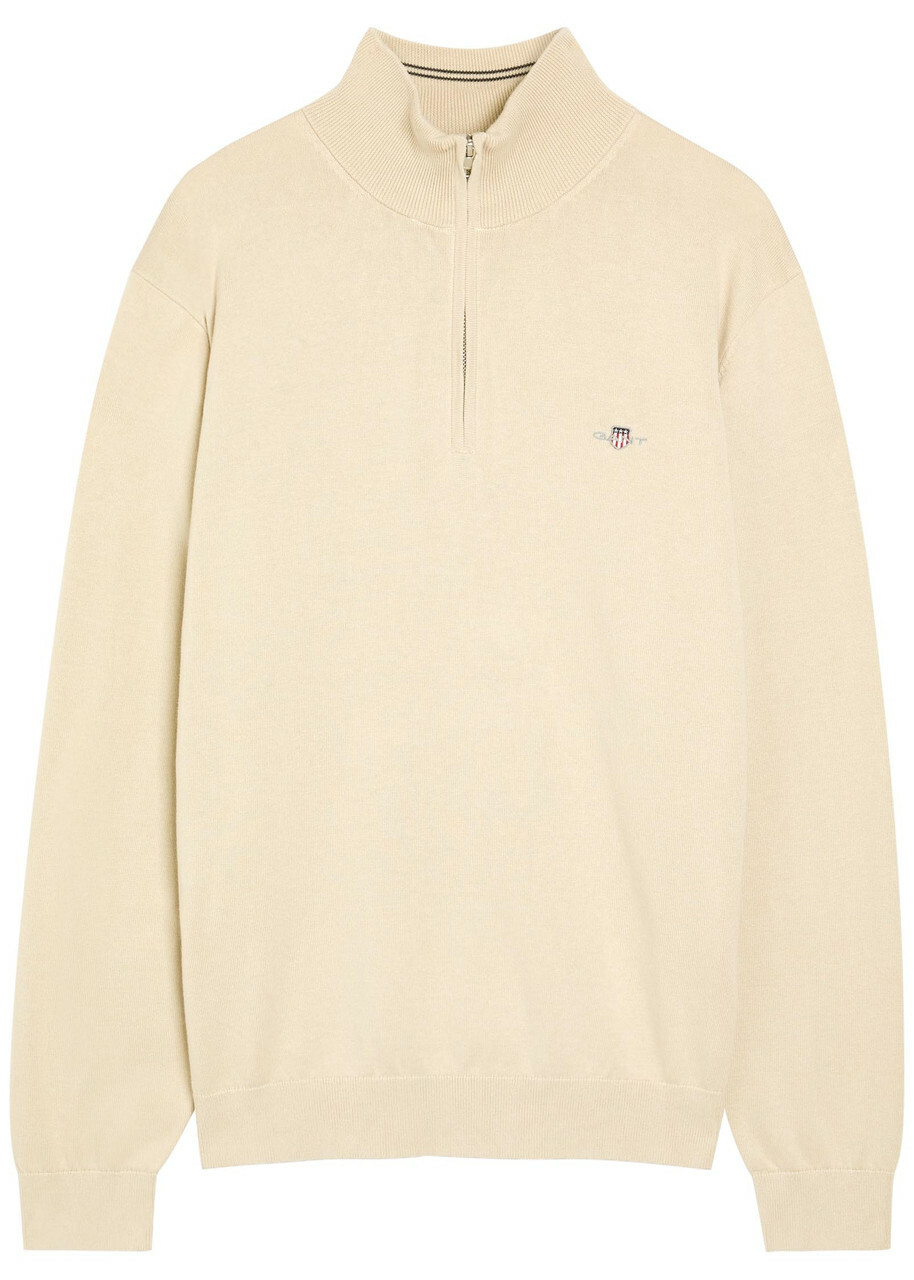 Gant Logo-embroidered Quarter-zip Cotton Jumper Beige