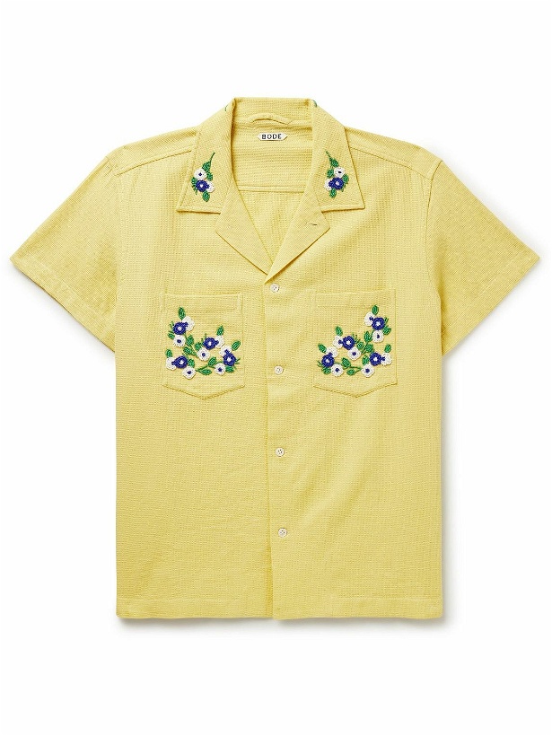 Photo: BODE - Chicory Camp-Collar Bead-Embellished Waffle-Knit Cotton Shirt - Yellow