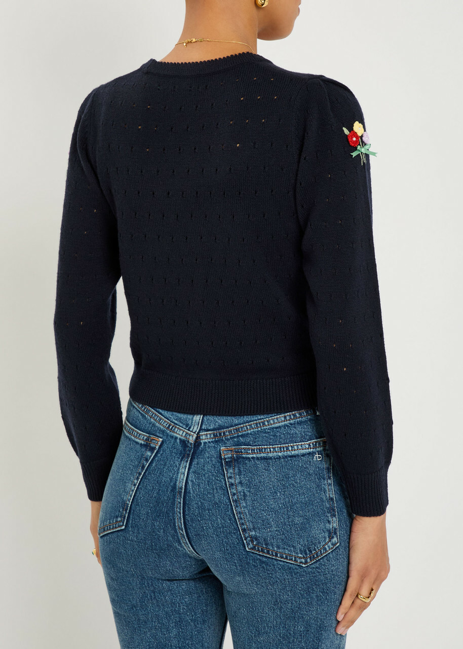 Rixo Merinda Floral-appliquéd Wool Cardigan Navy