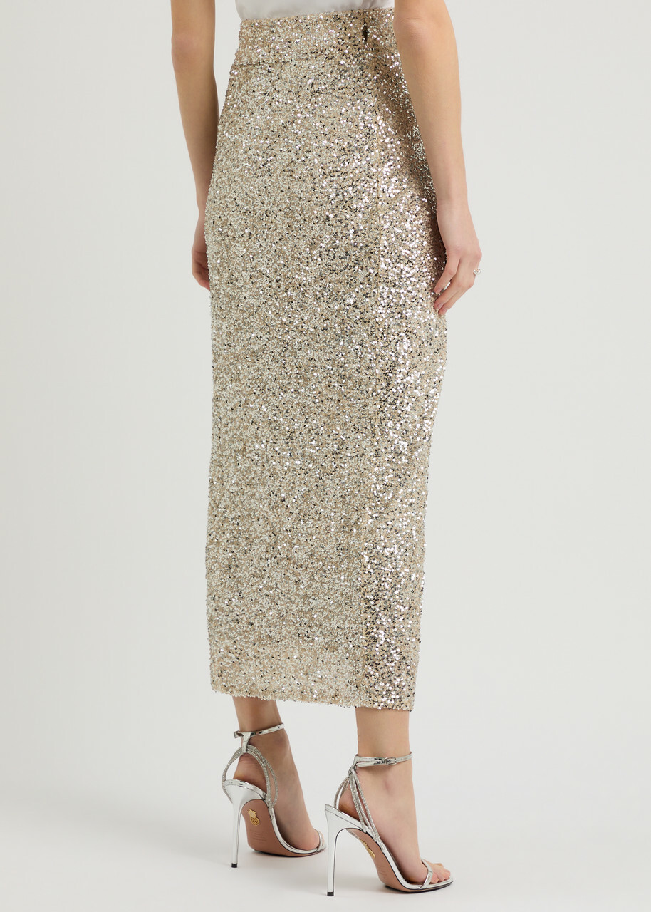 Never Fully Dressed Jaspre Sequin Midi Wrap Skirt Silver
