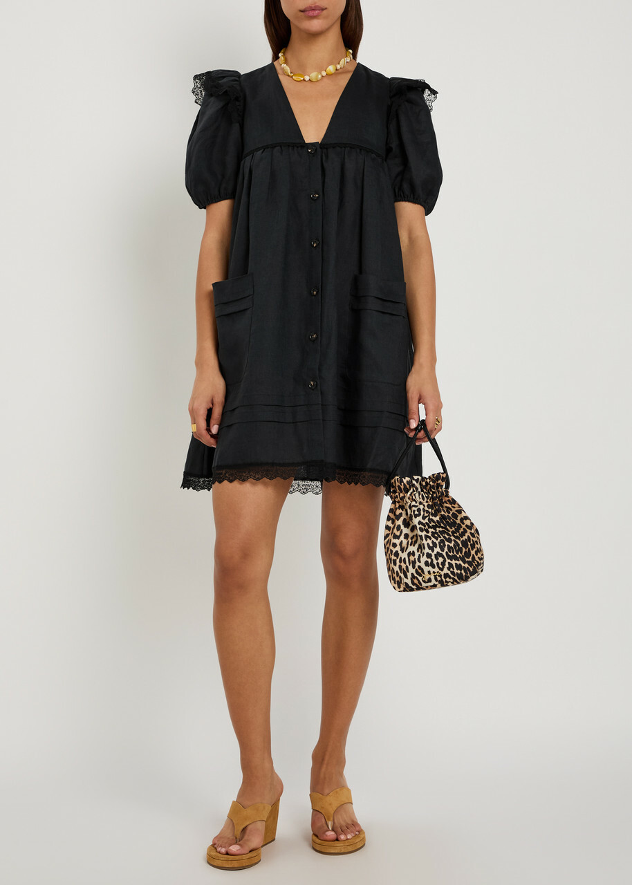 Ganni Lace-trimmed Linen Mini Dress Black