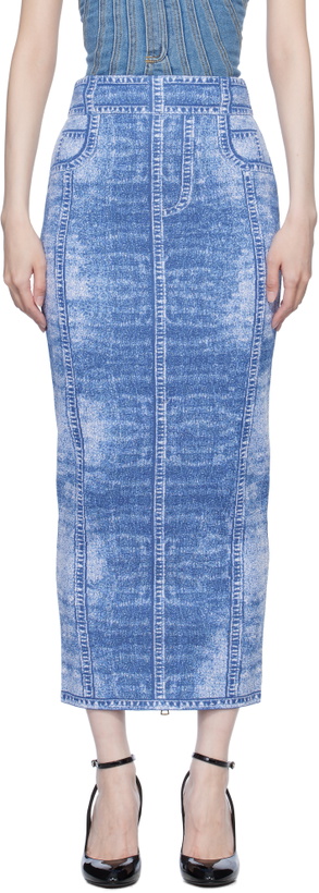 Photo: Balmain Blue Denim Effect Knit Midi Skirt
