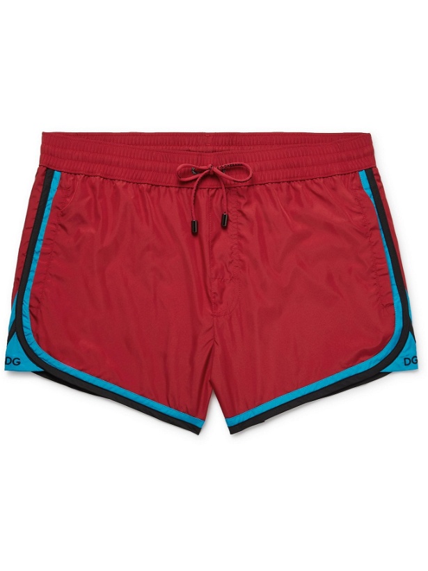 Photo: DOLCE & GABBANA - Slim-Fit Short-Length Stripe-Trimmed Swim Shorts - Red