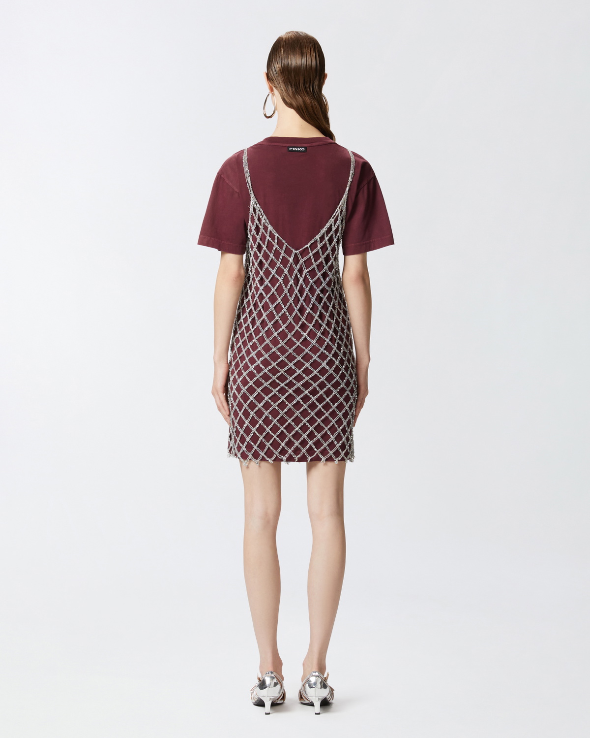Pinko Short T Shirt Dress Combined With Sequin Dress Burgundy/Silver