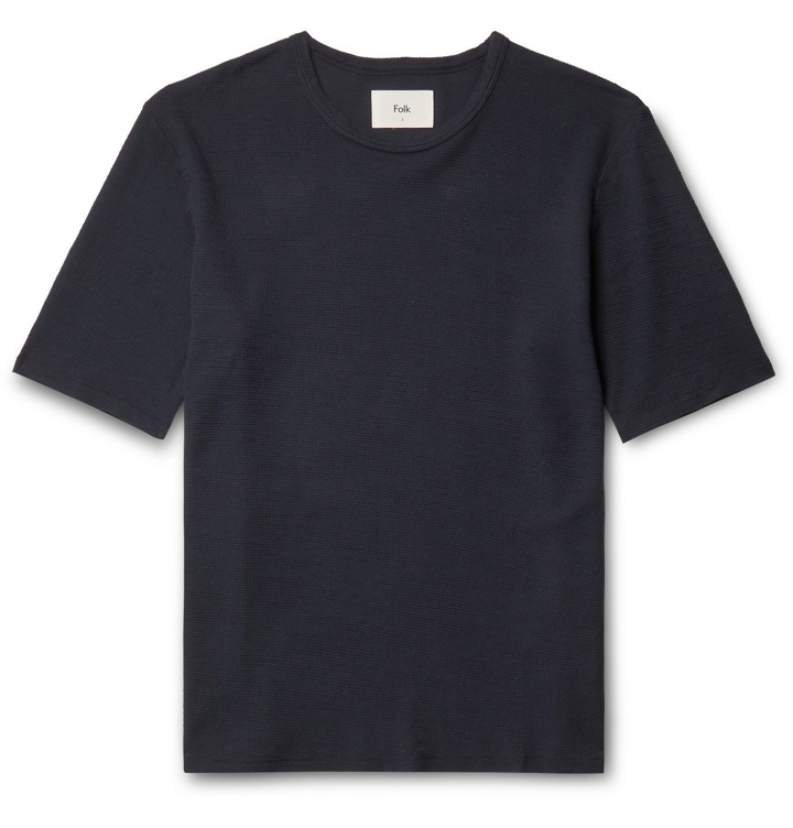 Photo: Folk - Assembly Waffle-Knit Organic Cotton T-Shirt - Blue